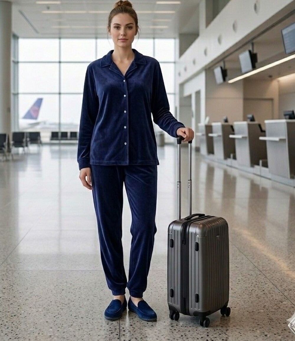Talbots Velour Pajama Set L Blue Button Up Top Pants Lounge Set 2 Pcs Cotton